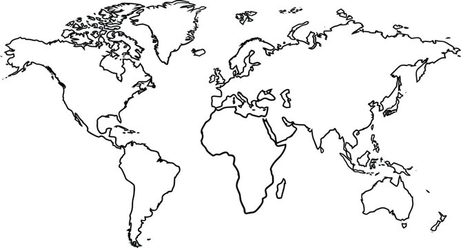 Simple black and white line map showing continents and major landmasses on a plain white background globe