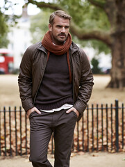 Fototapeta premium Handsome mature man in autumn clothes standing in city park. Elegant caucasian male model wearing jacket and knitted scarf. Mens seasonal fashion style and outdoor lifestyle concept.