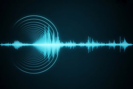 Abstract blue sound wave visualization with circular digital pulses isolated on white background