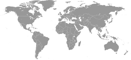 Obraz premium Flat gray map with clearly defined international country borders on a solid white background, mercator projection style