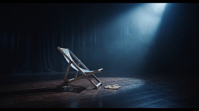 An empty beach lounge chair and sandals resting under a single bright spotlight on a dark theater stage.
