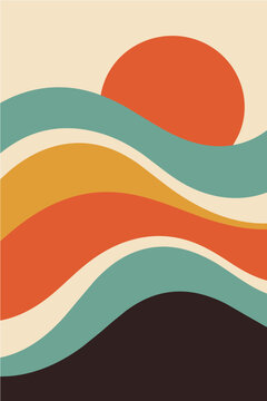 Vertical abstract vector illustration of biomorphic waves in orange, green, and yellow under a large sun. Minimalist 1970s retro aesthetic wall art.