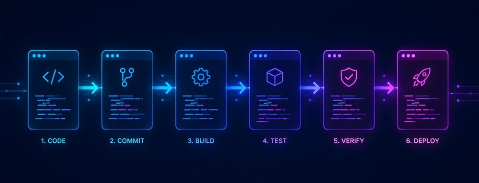 Continuous integration and deployment CI CD pipeline and software development lifecycle process flow with glowing neon icons
