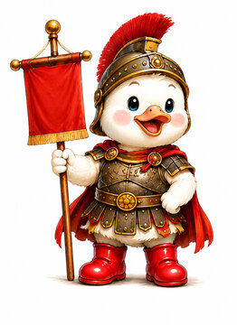 Watercolor style illustration of a brave cute duck warrior in Roman armor