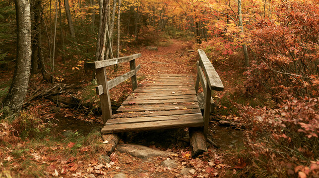 Old wooden footbridge crossing small stream in autumn forest. Rustic bridge on hiking trail among trees with orange and red