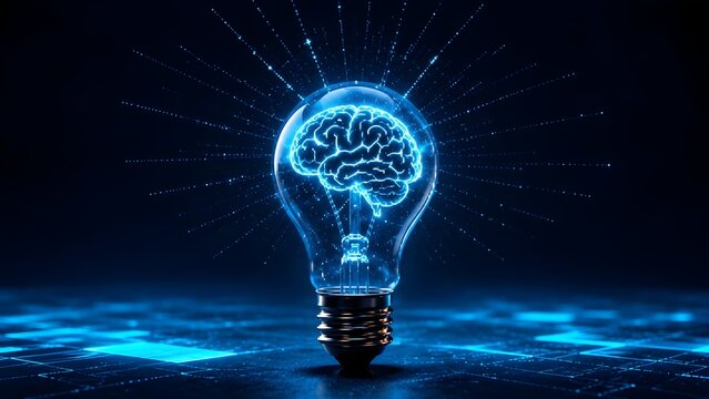 Glowing blue brain inside transparent lightbulb emitting network data particles representing bright machine learning idea