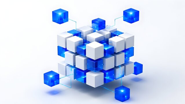 3d geometric cube structure made of white and glowing blue blocks representing complex data network organization