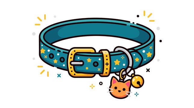 Cute Cartoon Blue Pet Collar with Golden Buckle and Adorable Cat Bell Charm