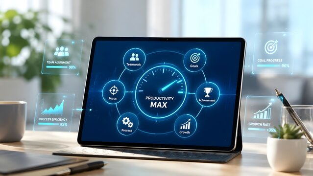 Digital tablet on office desk displaying augmented reality productivity max dashboard and business performance analytics holograms