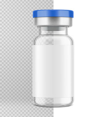 Fototapeta na wymiar A clear glass medical vaccine vial or injection bottle mockup for vaccination, medicine branding, packaging design. 3D hight realistic editable vector illustration isolated on white background. EPS10.