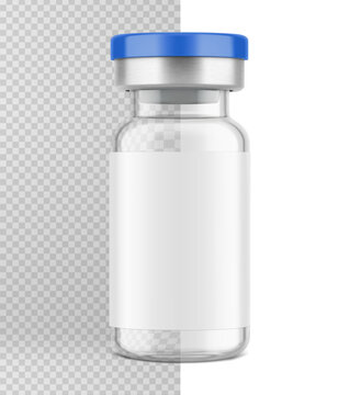 A clear glass medical vaccine vial or injection bottle mockup for vaccination, medicine branding, packaging design. 3D hight realistic editable vector illustration isolated on white background. EPS10.