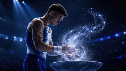 Fototapeta premium Male gymnast applying chalk on hands before performance at arena. Athlete preparing for artistic gymnastics championship