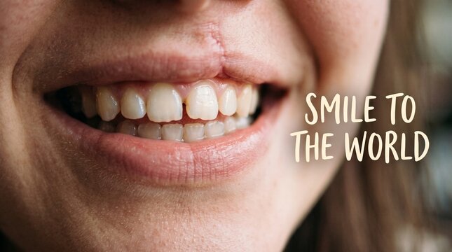 Close-up of a woman smiling showing her teeth with a cleft lip scar, with text "Smile To The World"