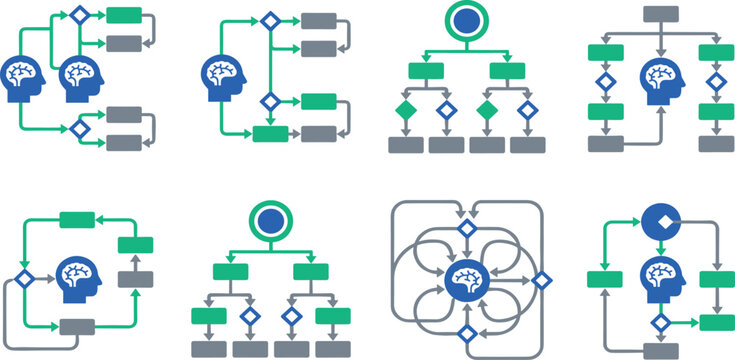 Artificial intelligence flowchart algorithms and machine learning decision tree schematic vector icons set