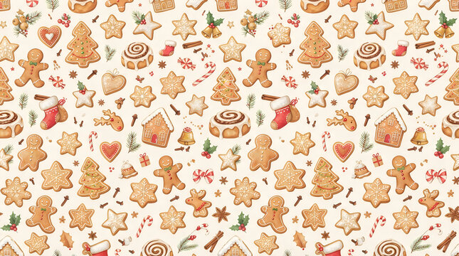 Delicious assortment of festive gingerbread cookies and holiday pastries on a floral pattern background