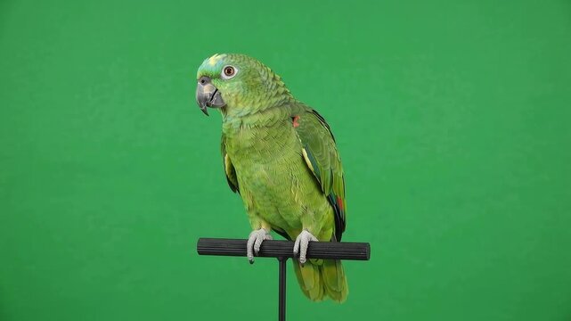 Colorful Green Parrot Perched and Moving on Green Screen Background