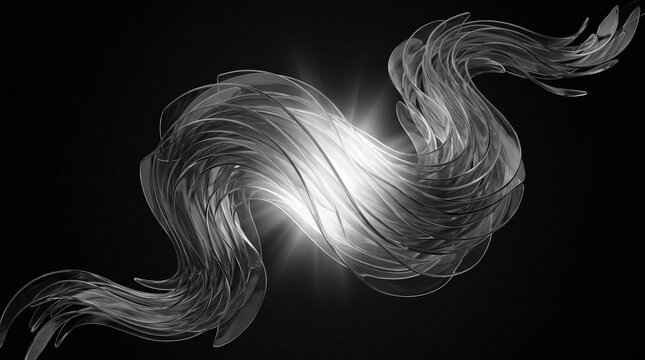 Modern abstract flowing translucent glass ribbons illuminated by a bright central light on a black background