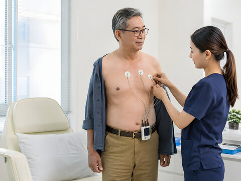 Cardiology technician attaching portable Holter ECG monitor to older Asian man before ambulatory heart rhythm monitoring