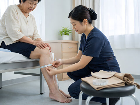 Vascular nurse measuring ankle and calf circumference before compression stocking fitting for older Asian woman