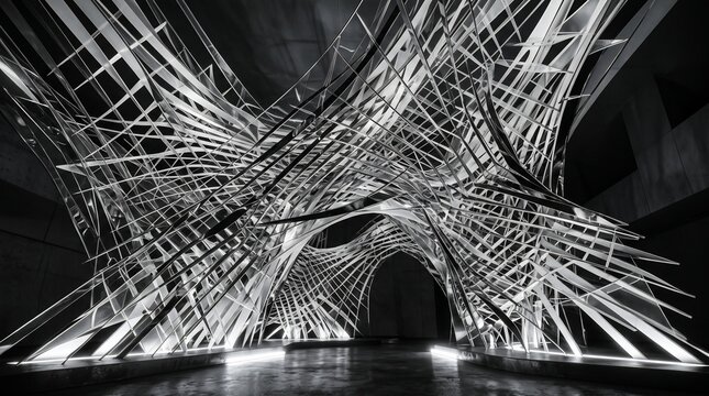 Monochromatic abstract architectural structure with illuminated interwoven metallic strips