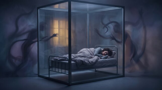 woman sleeping anxiously inside a glass cage surrounded by scary shadow monsters and fog representing sleep paralysis and nightmares.