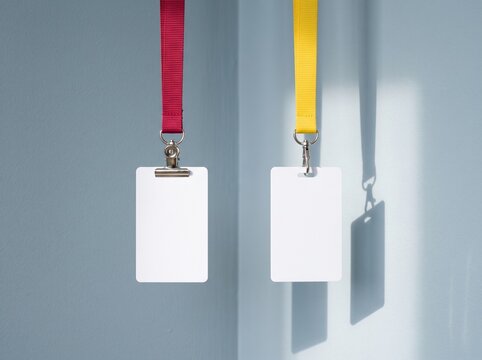 Clean blank ID badges on colorful lanyards, ready for personalized branding, event identification, or professional access