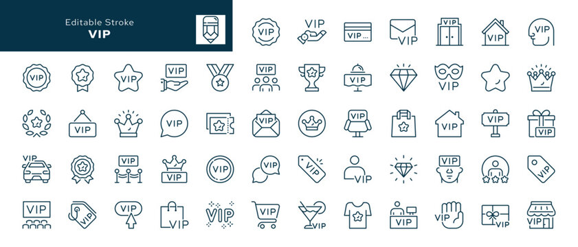VIP outline icons set. Very important person. Royalty and exclusivity. Line icon in linear style. Vector collection