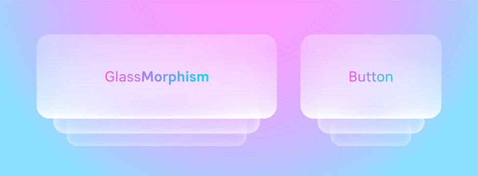 Modern glassmorphism interface featuring two translucent liquid glass buttons with layered panels, rounded corners and colorful blue, purple and pink gradient lighting.