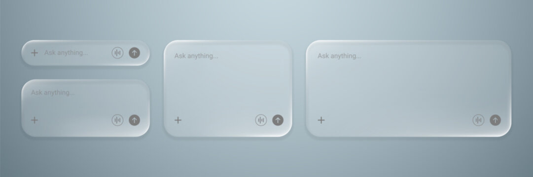 Modern liquid glass AI chat input interface featuring multiple responsive prompt boxes with voice controls, add buttons and send icons on a soft blue-gray futuristic background