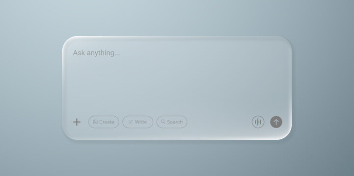 Modern liquid glass AI prompt interface featuring a large chat input panel with create, write, search, voice and send controls on a soft blue-gray futuristic background