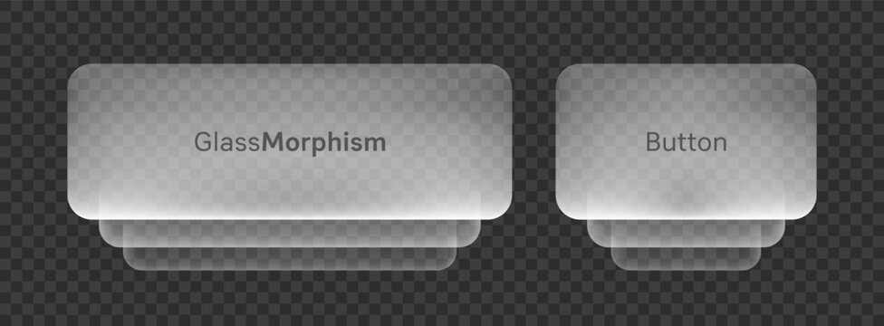 Modern glassmorphism user interface featuring transparent liquid glass buttons with rounded corners, frosted blur, layered shadows and editable text, isolated on a transparent background.