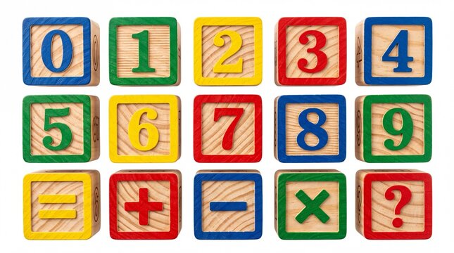 Wooden alphabet number blocks showing digits and basic mathematical symbols arranged neatly on white background