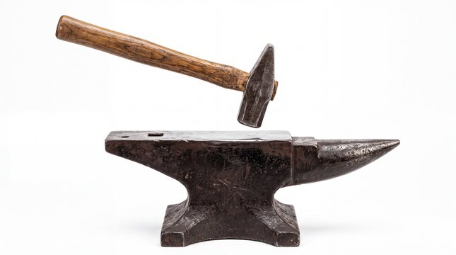 Heavy metal blacksmith anvil with wooden handle hammer captured in floating position on white background