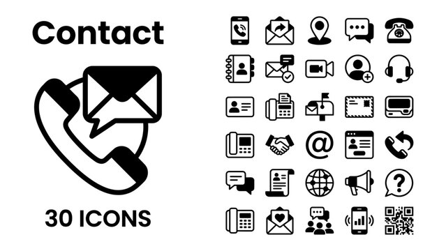 Contact Icons Set: A comprehensive collection of 30 vector icons representing various communication methods and contact information, including phone, email, location, and social media.