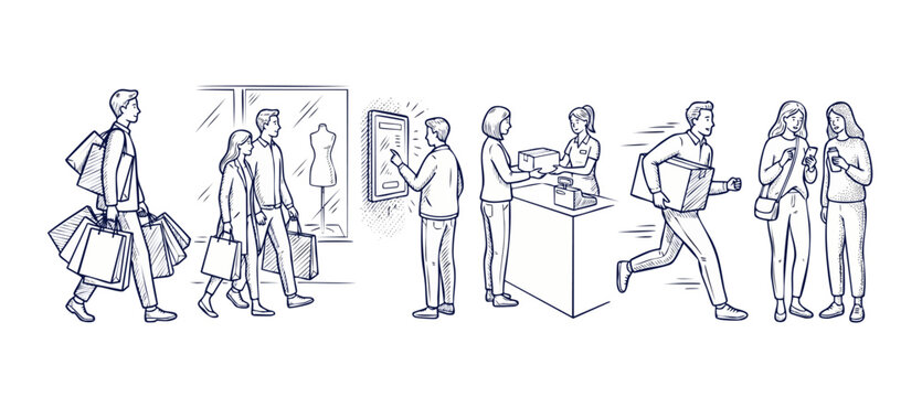 Shopping retail customer experience sketch set showing people buying products, window shopping, using digital kiosks, store pickup, parcel delivery, and mobile shopping in modern line art style.