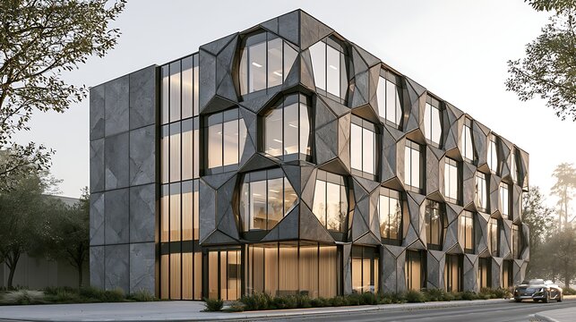 Modern office building with a hexagonal facade and glass windows during sunset. Ideal for architecture and commercial real estate development themes.