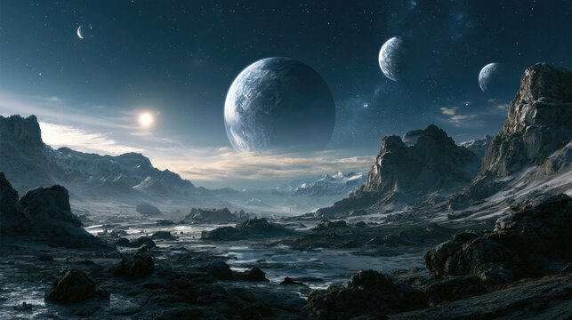 Alien planet surface landscape visual artwork with rocky terrain, snow, frozen rivers, distant glowing sun, and multiple large moons glowing in starry night sky sci-fi space fantasy conceptual