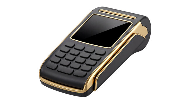 Modern black and gold payment terminal, featuring a sleek design with a blank screen and numeric keypad, stands ready.