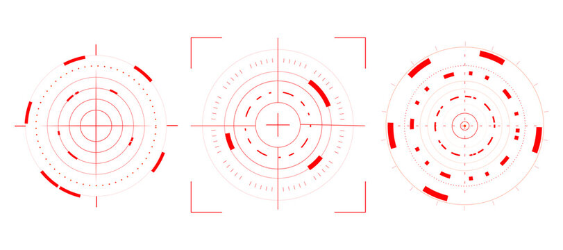 Digital red sonar screen with concentric circles, illuminated target indicators and futuristic scanning details. Modern HUD technology isolated on transparent background, PNG.