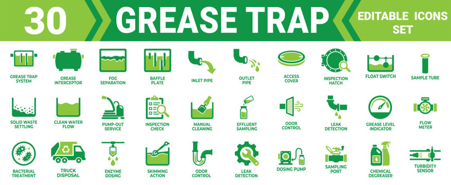 Set of 30 grease trap and wastewater treatment system icons showing maintenance plumbing and industrial processes Minimal solid fill icon set bundle collection. Editable Vector Illustration Mega pack