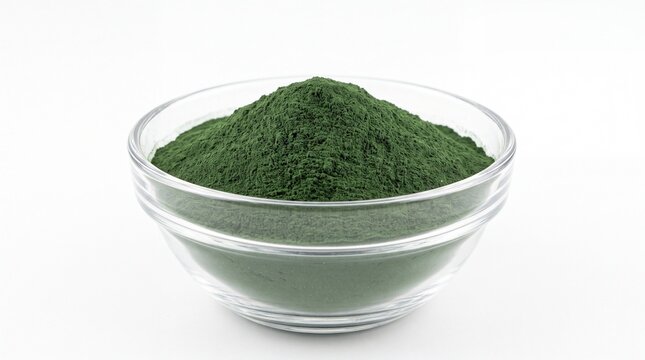 Vibrant organic spirulina green algae powder piled inside a clear glass bowl on white background