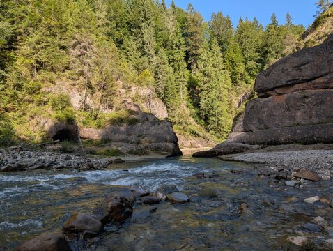 Ammer River flows through  the rocky Scheibum gorge (Ammerdurchbruch) surrounded by forest ideal for nature travel