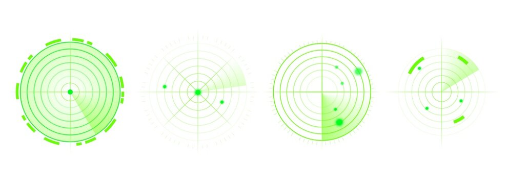 Digital green radar system with circular coordinate grid, bright tracking markers and scanning indicators. Futuristic monitoring display isolated on transparent background.