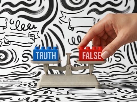 Truth and False Concept with Hand Selecting Truth and False Blocks, Fact Checking, Verification and Decision Making