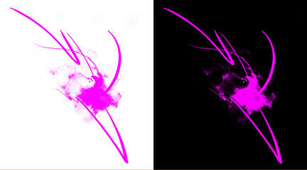 Obraz premium Abstract purple energy splash with dynamic light trails, vibrant neon ink splatter on black and white backgrounds, glowing fluid motion graphics