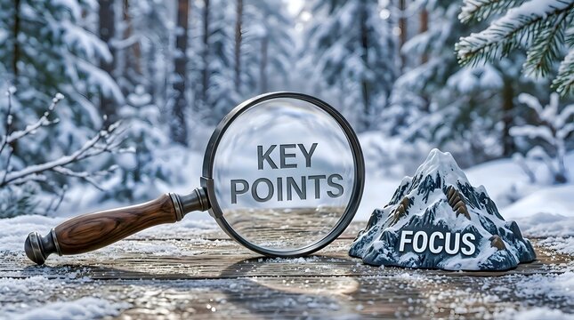 Key Points Concept with Magnifying Glass on Snowy Forest Background, Focus, Important Information, Strategy and Business Priorities