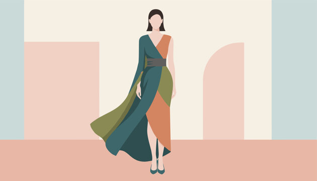 Fashion model stands elegantly wearing a multi colored asymmetrical dress against a minimalist pastel background.