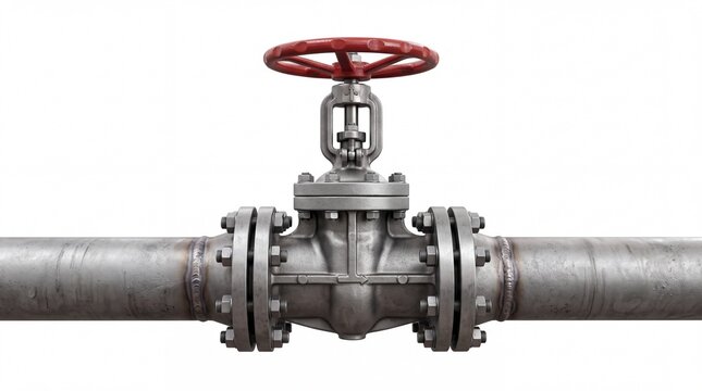 Industrial metal gate valve with red wheel connected to steel pipes isolated on white background