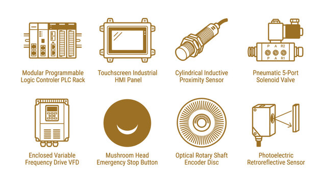 Industrial Components Collection: A curated set of industrial automation components, featuring a PLC rack, HMI panel, proximity sensor, solenoid valve, VFD drive, E-stop button, encoder disc.