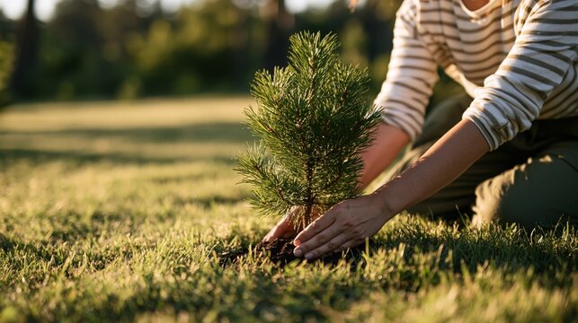 Person planting a young pine tree in a sunny grassy park  